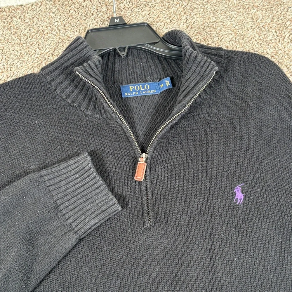 Polo Ralph Lauren Mens Black Cotton Quarter Zip Sweater Purple Pony Size M